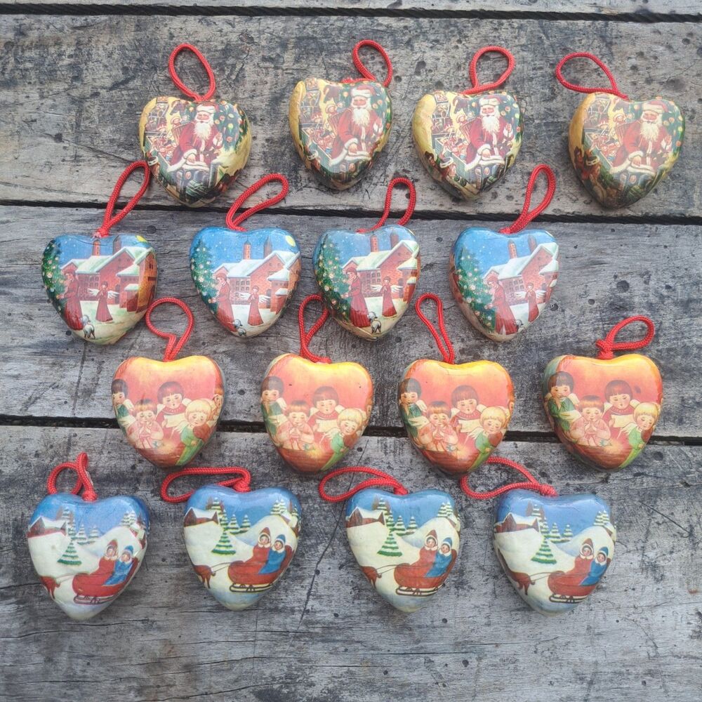 Vintage Lot of 16 Paper Mache Heart Christmas Holiday Ornaments Santa Xmas